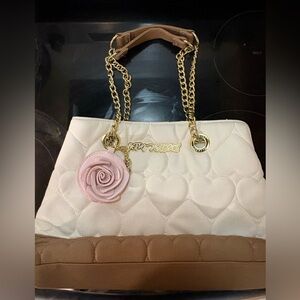 Betsey Johnson White and Tan Quilted Heart Shoulder Bag